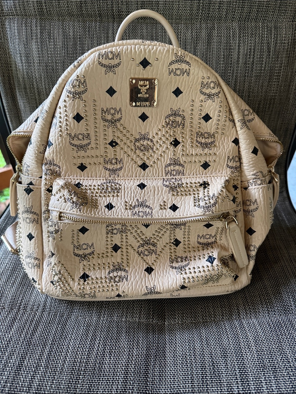 MCM Cream Logo Studded Mini Backpack with Gold Plaque